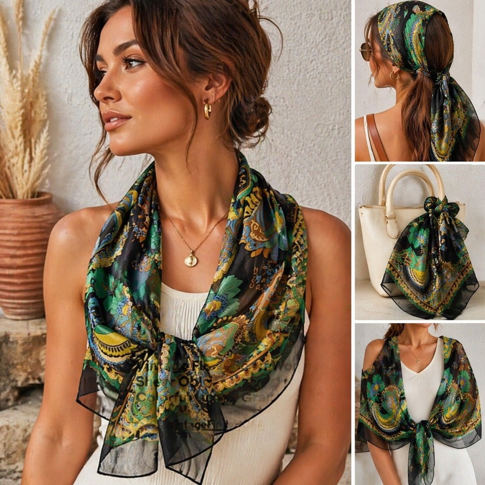 Vintage Paisley Floral Chiffon‎ Scarf Wrap Versatile Womens Green Blue Retro Y2K